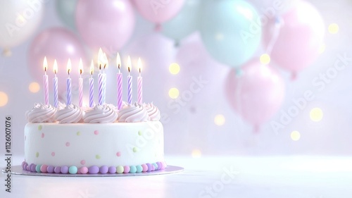 A beautifully decorated birthday cake with candles, surrounded by pastel balloons, creating a festive and cheerful atmosphere.