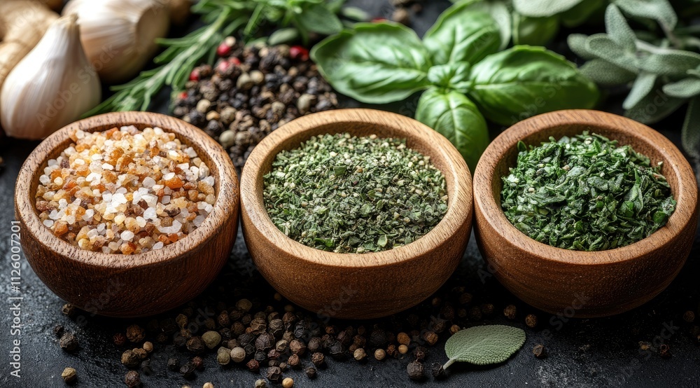 Three wooden bowls filled with herbs and spices. Three wooden bowls filled with herbs and spices.