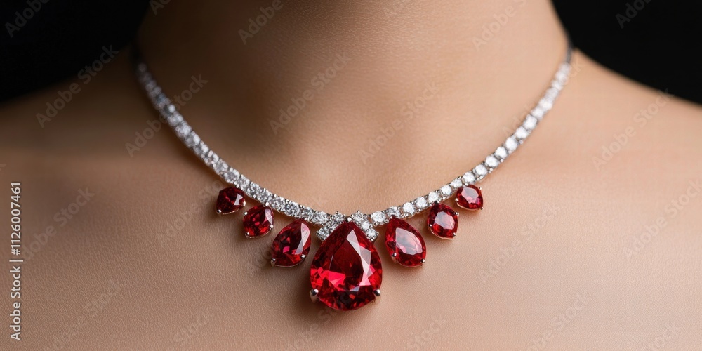 auction sale competition concept. A stunning necklace featuring a series of red gemstones, elegantly arranged with sparkling diamonds, showcasing luxury and sophistication. auction sale competition concept. A stunning necklace featuring a series of red gemstones, elegantly arranged with sparkling diamonds, showcasing luxury and sophistication.