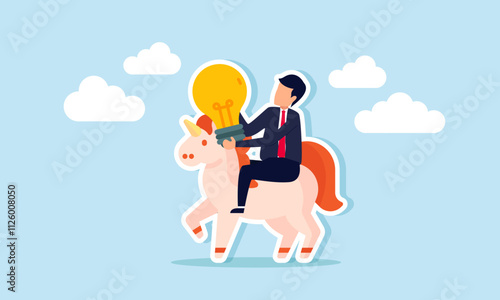 A businessman carries a lamp while riding a unicorn, illustration of creativity in bringing new ideas and innovations to maintain the growth of unicorn-level startup businesses