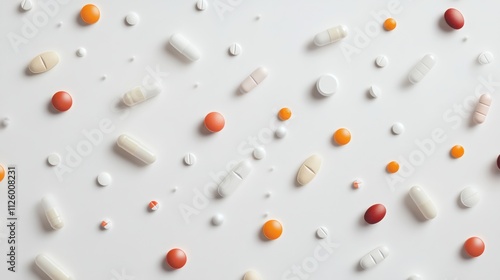 Close-up of a variety of medications and pills arranged in a creative, organized pattern on a clean white surface, Scientific style