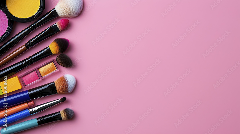 Colorful makeup brushes and cosmetics arranged on pink background, showcasing vibrant hues and tools for beauty enthusiasts. Perfect for creative makeup projects Colorful makeup brushes and cosmetics arranged on pink background, showcasing vibrant hues and tools for beauty enthusiasts. Perfect for creative makeup projects