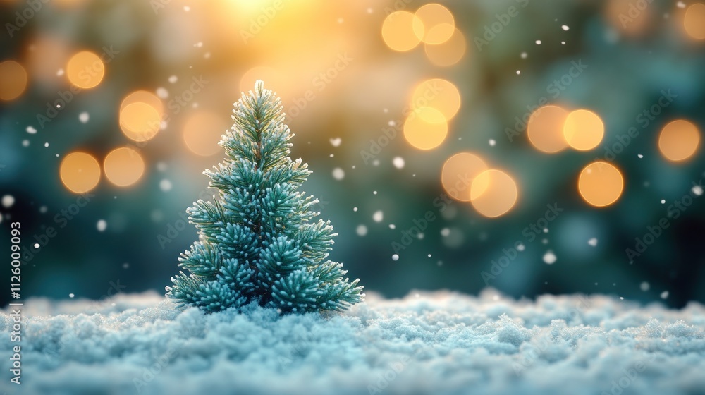 Obraz premium Small Christmas tree in snowy scene with bokeh lights.