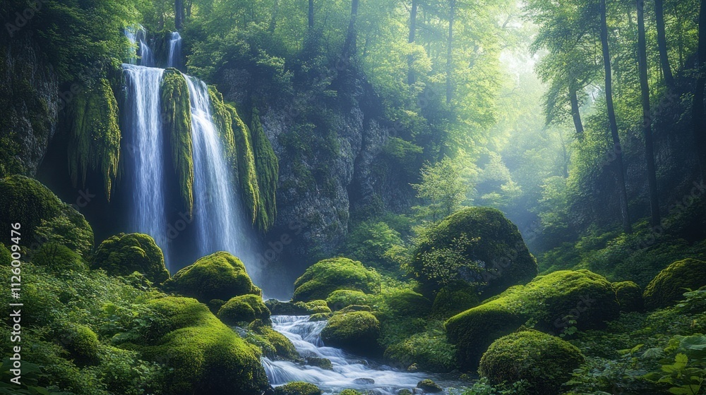 Enchanted Waterfall in Lush Green Forest Enchanted Waterfall in Lush Green Forest