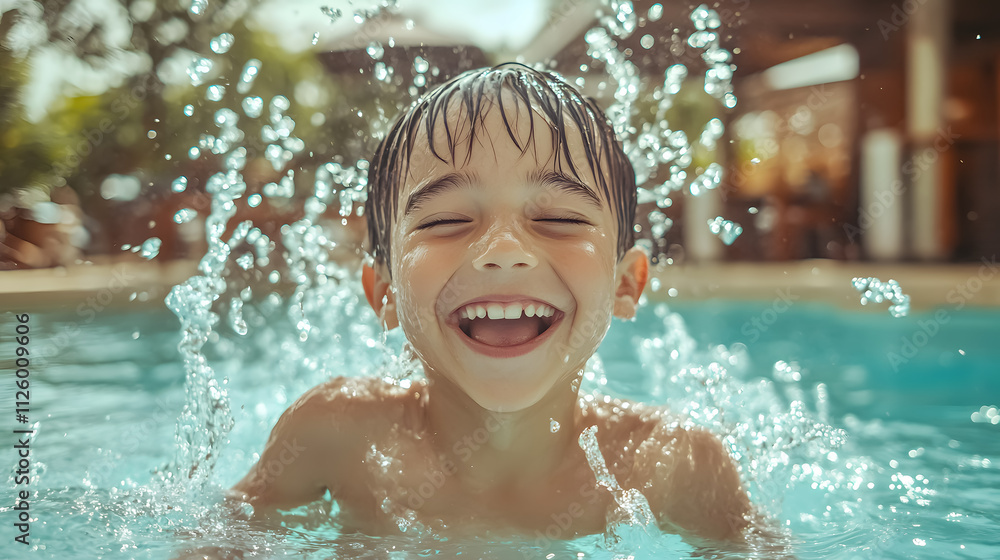 A happy boy playing and splashing in a swimming pool. A happy boy playing and splashing in a swimming pool.