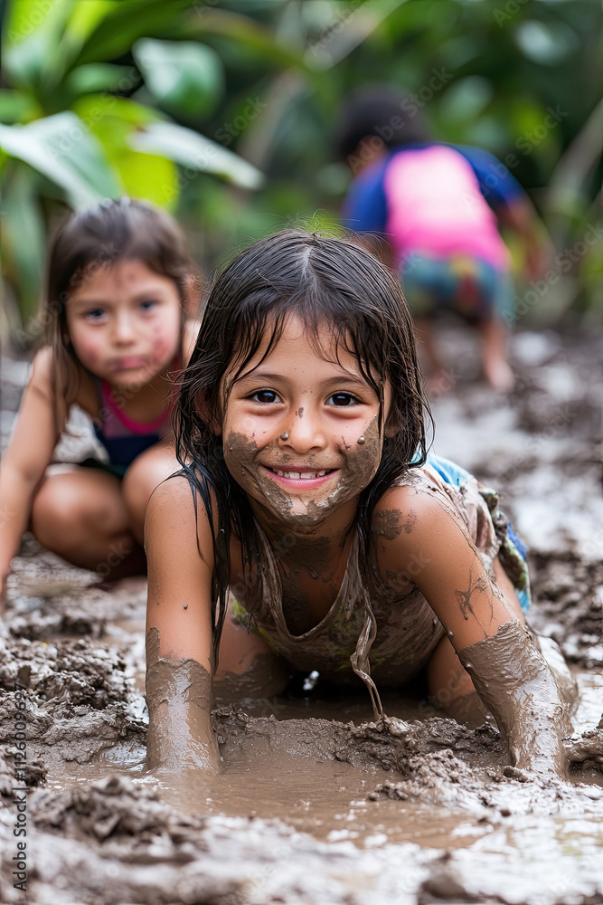 Fototapeta premium Children playing with mud outdoors, capturing the freedom and fun of childhood