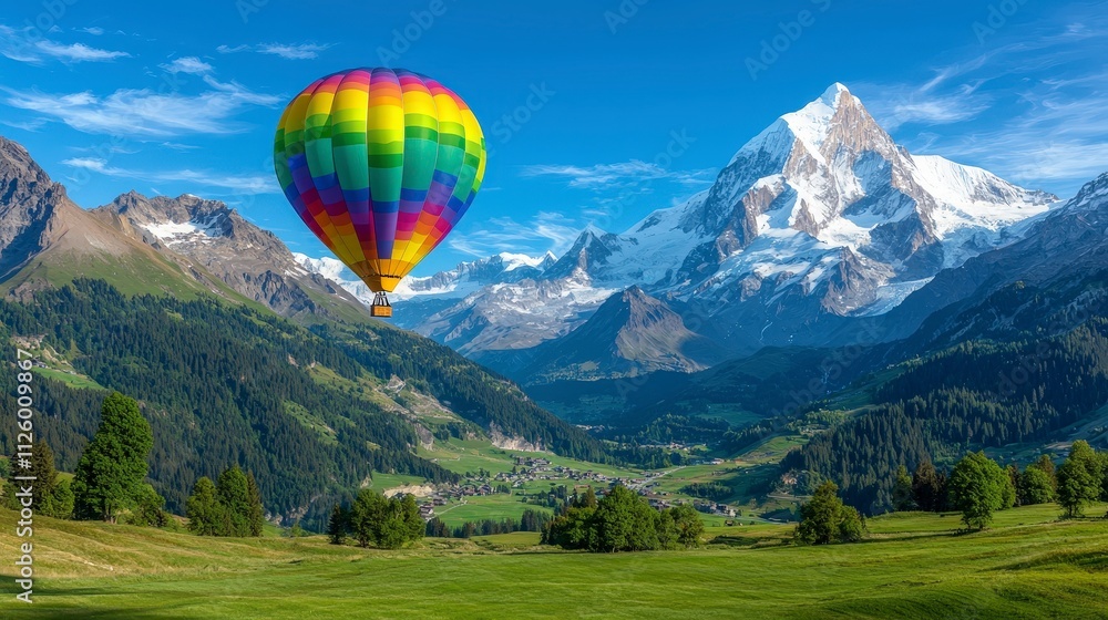 Hot Air Balloon Soaring Over Majestic Mountain Valley Landscape Hot Air Balloon Soaring Over Majestic Mountain Valley Landscape