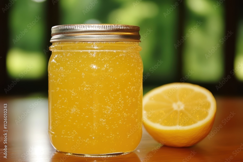 Fresh Lemonade in Jar with Sliced Lemon on Wooden Table Background Fresh Lemonade in Jar with Sliced Lemon on Wooden Table Background