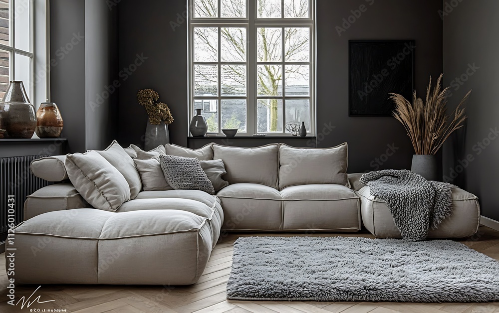 Fototapeta premium Modern living room with a comfortable sectional sofa, rug, and window view.