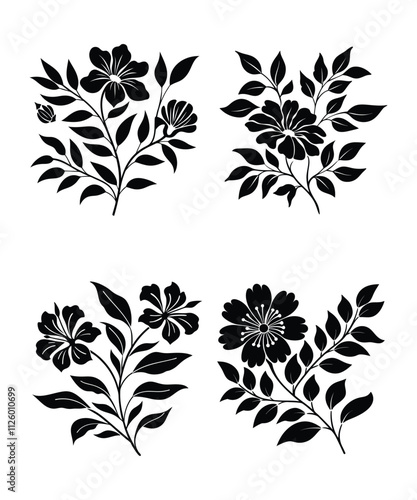 Decorative flower silhouette vector illustrations