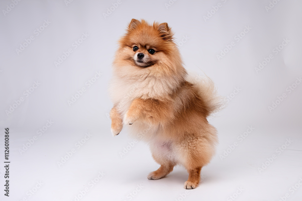 Pomeranian with fluffy fur standing on white, adding a lively touch Pomeranian with fluffy fur standing on white, adding a lively touch