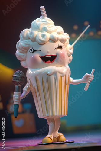 A milkshake with whipped cream hair and a straw microphone, singing on a stage photo