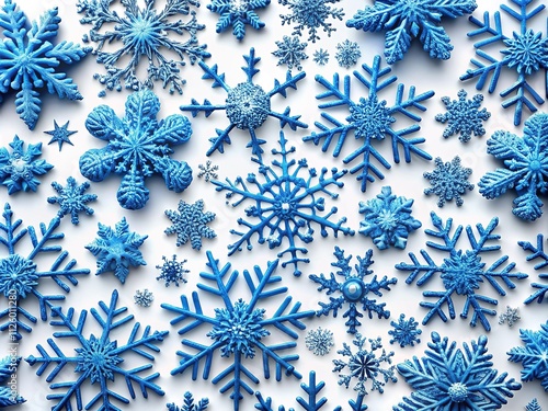 Aerial Blue Snowflake Patterns on White Background - AI Photo