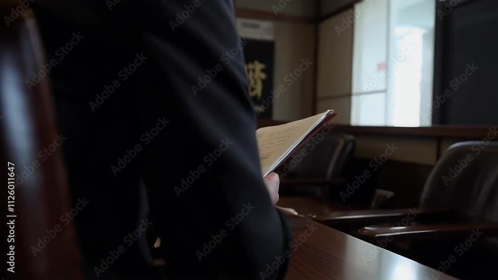 A person in formal attire holding and reading a document in a modern conference room. A person in formal attire holding and reading a document in a modern conference room.