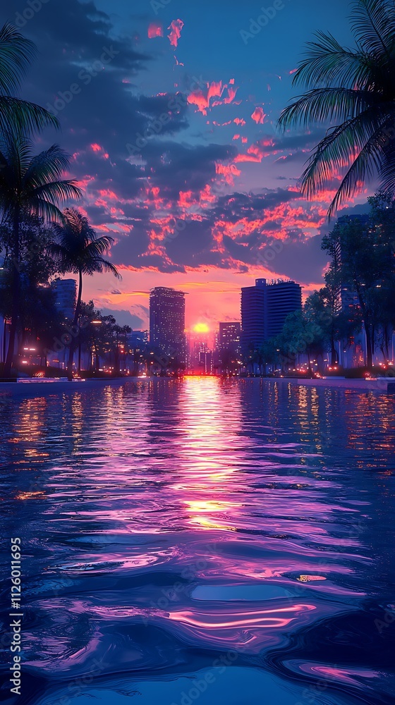 Obraz premium A vibrant sunset over a city skyline reflected in calm water, surrounded by palm trees.