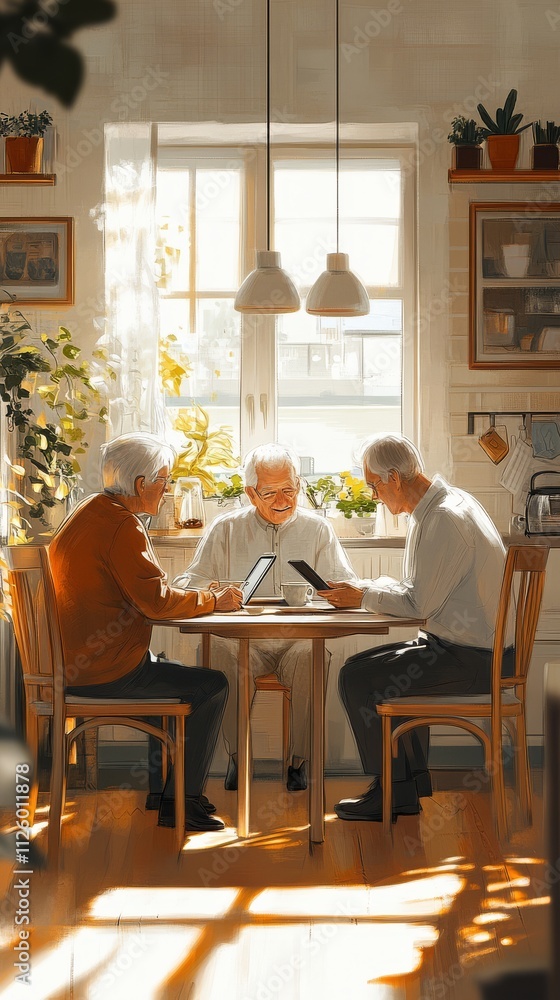 Fototapeta premium Elderly tech enthusiasts, Tech Enthusiasts Engaging in Online Learning Together