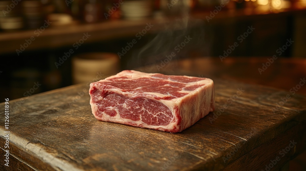 Steaming, raw beef steak on wooden board. Steaming, raw beef steak on wooden board.