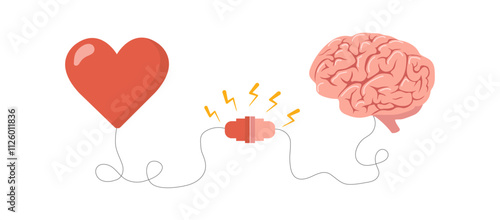 Heart and Brain Balance. Control feeling and emotion concept. Heart feeling connected with logical thinking brain. Vector illustration in flat cartoon style.
