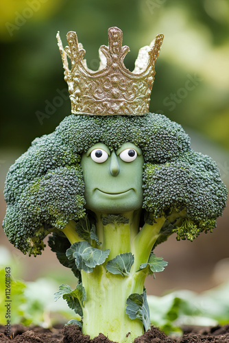 A broccoli head with a crown, arms akimbo, looking like the king of the vegetable garden photo