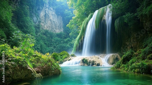 Serene Waterfall in Lush Green Paradise: A Breathtaking Nature Escape