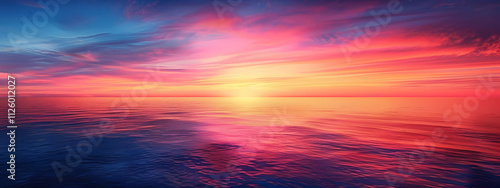 A breathtaking sunset over a tranquil sea, showcasing vibrant hues of pink, orange, and blue, reflecting beautifully on the calm waters.
