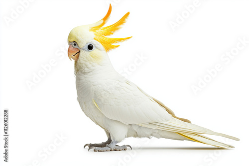 Cockatiel with a yellow crest perched on white, looking curious and colorful photo