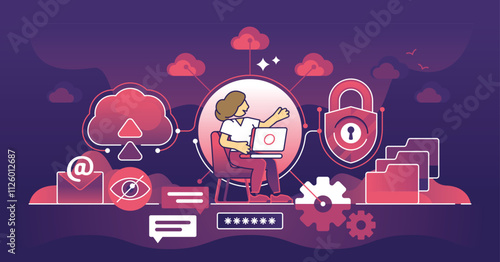 Data security focuses on protecting digital information with key elements like a lock, cloud, and laptop. Dark theme outline style illustration.