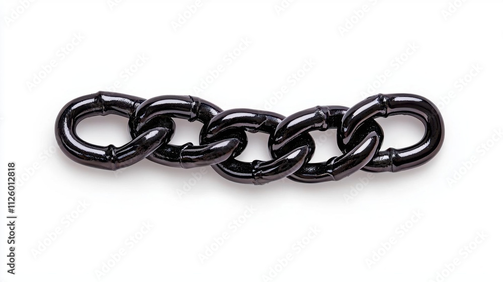 Naklejka premium A photostock of a black metallic chain coiled loosely on a clean white background, perfect for strength and industrial themes. High Quality