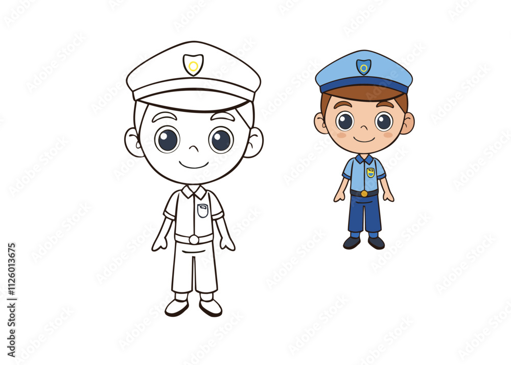 A coloring page featuring a cute boy dressed as a traffic officer, holding a stop sign with a friendly smile, guiding traffic in a safe and playful way. A coloring page featuring a cute boy dressed as a traffic officer, holding a stop sign with a friendly smile, guiding traffic in a safe and playful way.