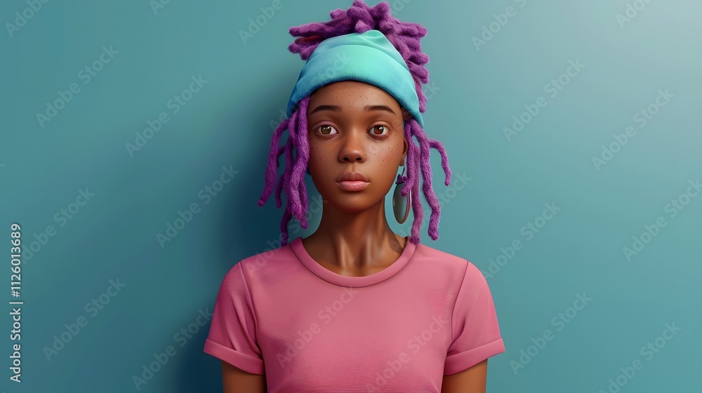 A young woman with purple dreadlocks wearing a blue beanie and pink t-shirt, looking directly at the camera on a blue background. A young woman with purple dreadlocks wearing a blue beanie and pink t-shirt, looking directly at the camera on a blue background.