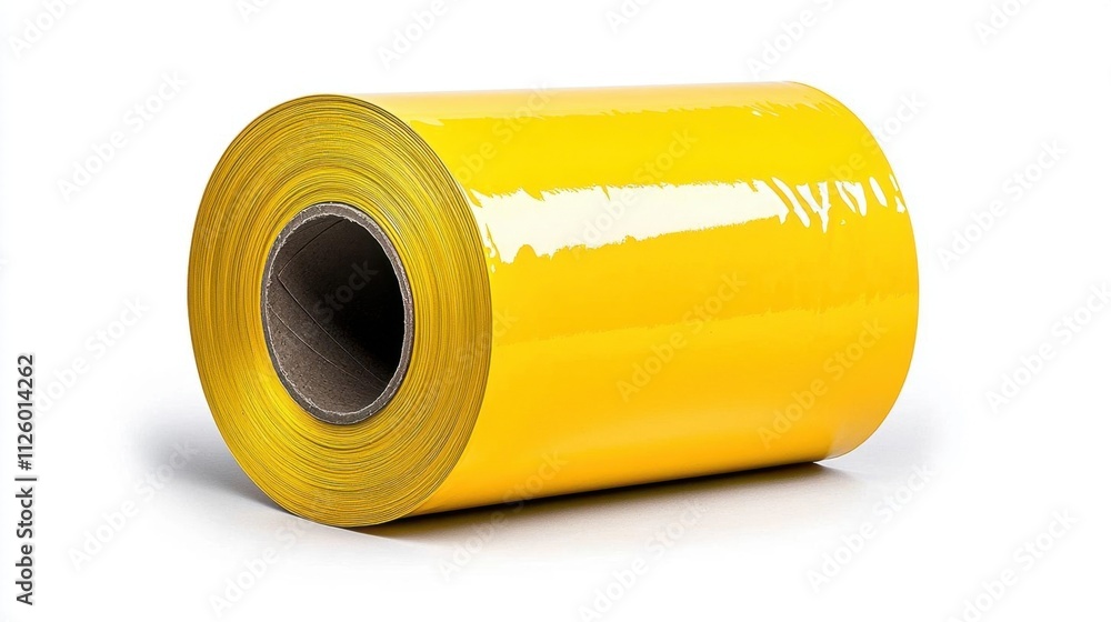A photostock of a roll of vibrant yellow tape isolated on a white background, representing tools and utility themes. High Quality