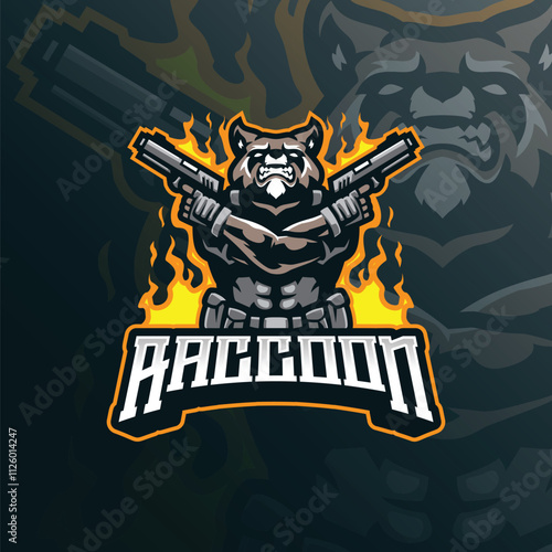 Raccoon mascot logo design vector with modern illustration concept style for badge, emblem and t shirt printing. Angry raccoon illustration with guns in hand.