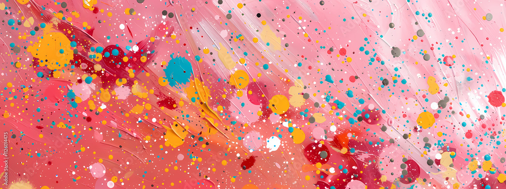 A vibrant abstract painting featuring splashes of colorful paint on a pink background, creating an energetic and lively atmosphere. A vibrant abstract painting featuring splashes of colorful paint on a pink background, creating an energetic and lively atmosphere.