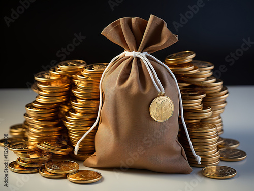 Mesh bags filled with gold foil chocolate coins spread out on a white background photo