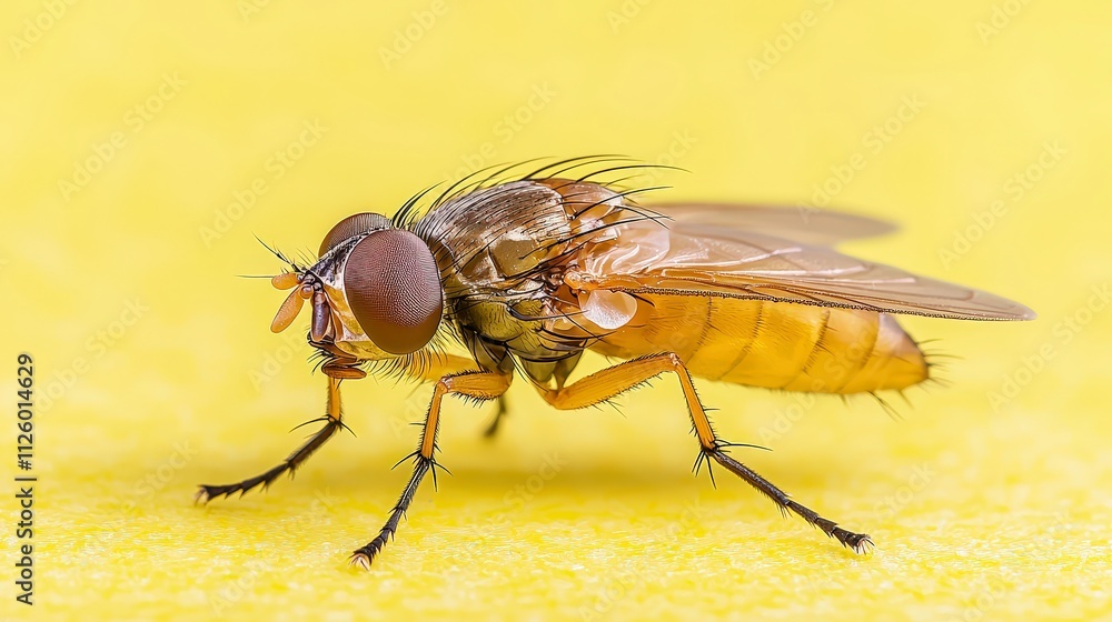 Obraz premium Macro Photo of Housefly Insect Closeup Detailed Wing Texture Yellow Background