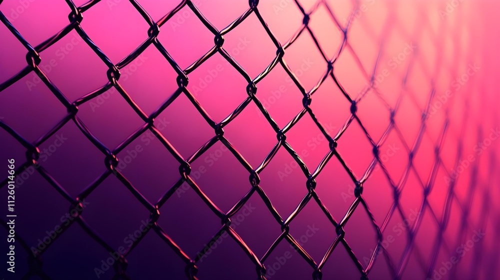 Naklejka premium Vivid Gradient Grid - A Close-Up of a Chain-Link Fence Against a Dramatic Pink and Purple Gradient Background, Highlighting Contrast, Depth, and a Modern Urban Aesthetic with Bold Colors
