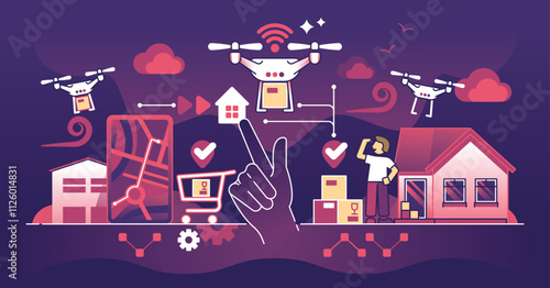 Autonomous delivery drones transport packages efficiently. Key objects, drones, packages, houses. Dark theme outline style illustration.