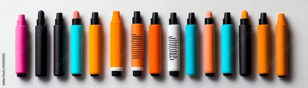 Bold body paint markers arranged artistically in a flat lay Bold body paint markers arranged artistically in a flat lay
