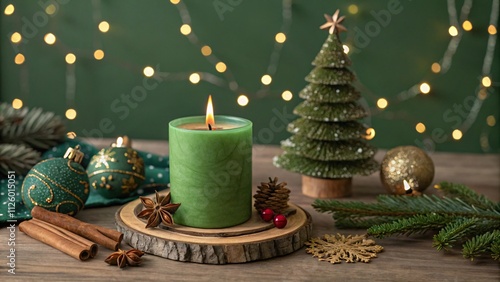 Cozy Holiday Scene with Glowing Candle and Festive Green Decorations V7