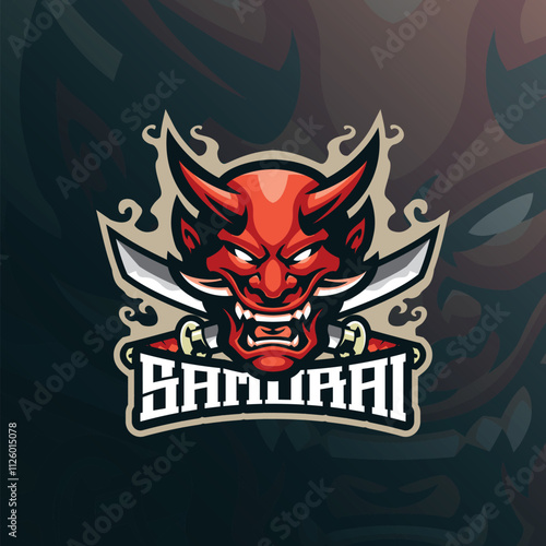 Samurai mascot logo design vector with modern illustration concept style for badge, emblem and t shirt printing. Samurai face illustration with sword. photo