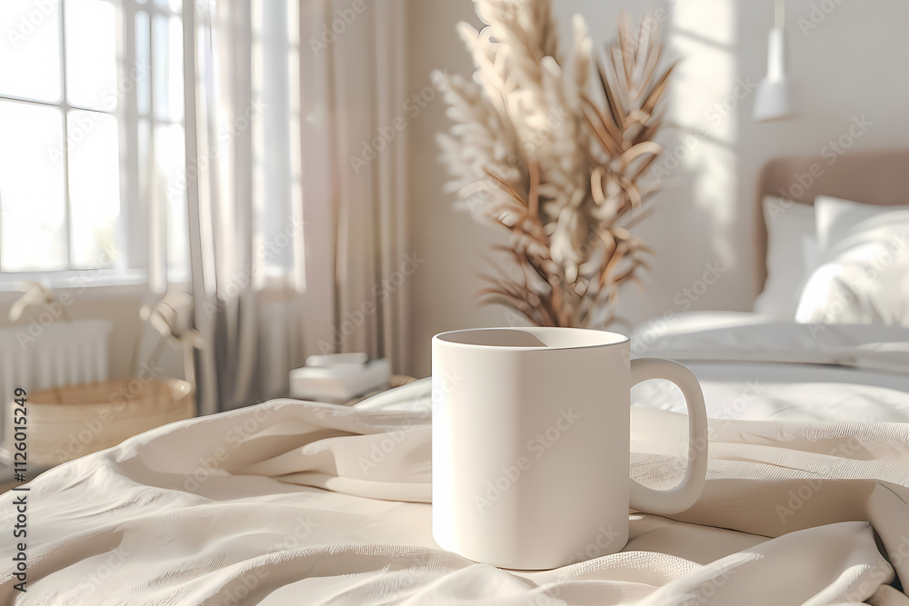 A serene morning scene featuring a blank white mug on a soft, cream-colored bedspread, illuminated by natural light in a cozy bedroom. A serene morning scene featuring a blank white mug on a soft, cream-colored bedspread, illuminated by natural light in a cozy bedroom.