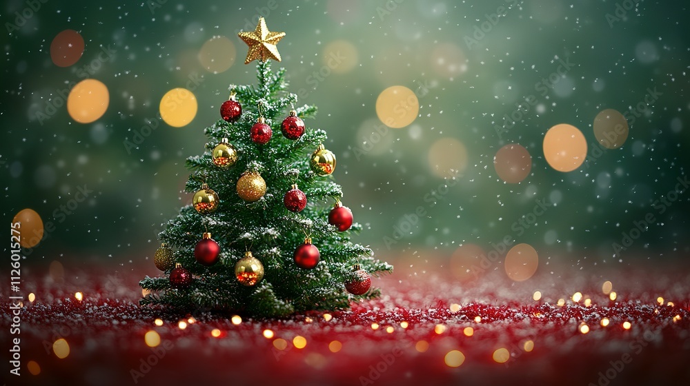 A Snowy Christmas Tree with Red and Gold Ornaments A Snowy Christmas Tree with Red and Gold Ornaments
