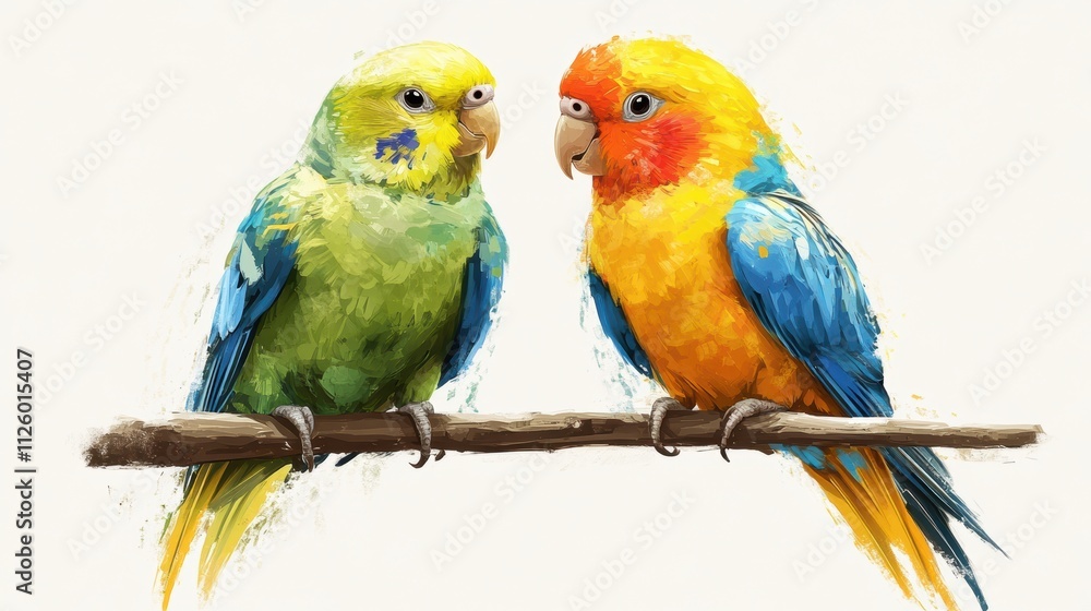 Obraz premium Two colorful parrots perched on a branch, showcasing vibrant plumage.