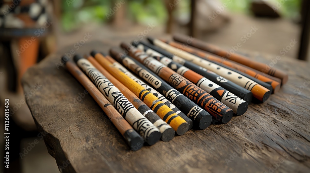 Bold tribal body paint sticks displayed in natural settings Bold tribal body paint sticks displayed in natural settings