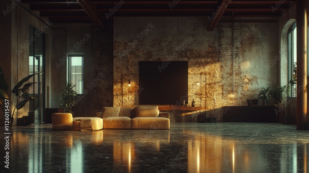Sunlit industrial loft apartment interior with modern furniture. Sunlit industrial loft apartment interior with modern furniture.