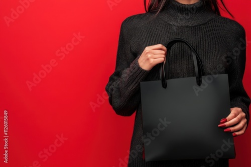 Woman in black sweater holds black shopping bag against red background. Perfect for Black Friday, sales, or retail promotions. photo