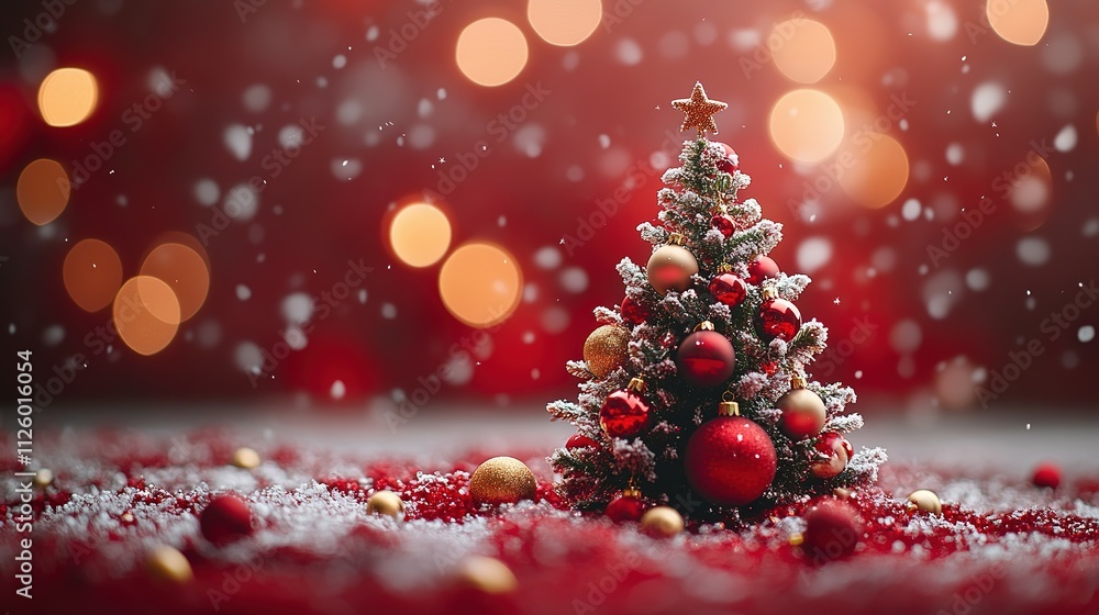 Festive Miniature Christmas Tree Snow Decorated Red Gold Festive Miniature Christmas Tree Snow Decorated Red Gold