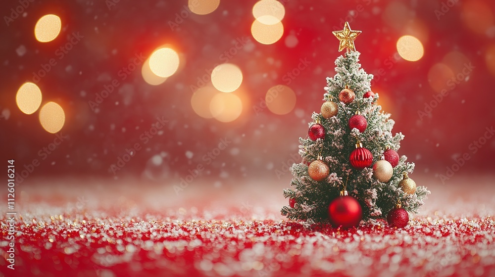 Festive Miniature Christmas Tree With Red And Gold Ornaments Festive Miniature Christmas Tree With Red And Gold Ornaments