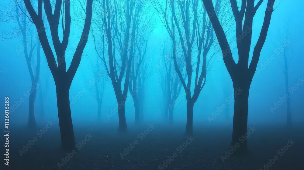 Mysterious Foggy Forest Path Dark Trees Blue Mist Nature Scene Mysterious Foggy Forest Path Dark Trees Blue Mist Nature Scene