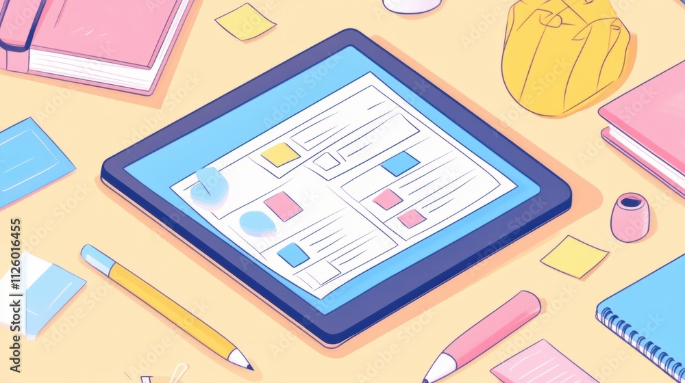 A flat lay of tools for strategic planning, including a notebook, sticky notes, and a tablet showing growth metrics A flat lay of tools for strategic planning, including a notebook, sticky notes, and a tablet showing growth metrics